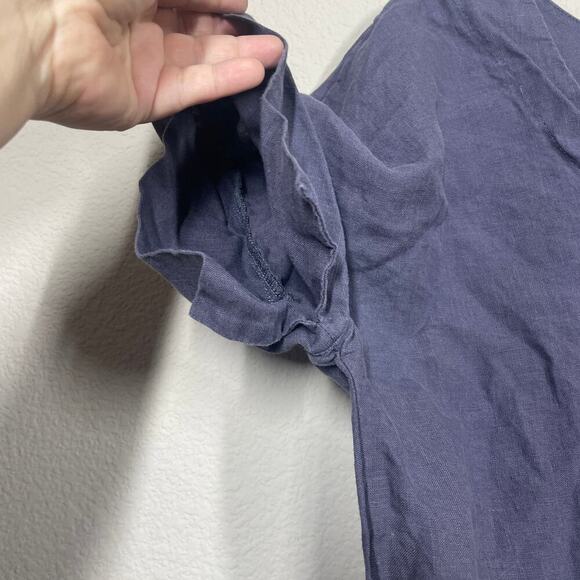 Len. Ok Size Medium Linen Mini Shift Dress Steel Blue V Neck Belted Short Sleeve - Picture 3 of 7